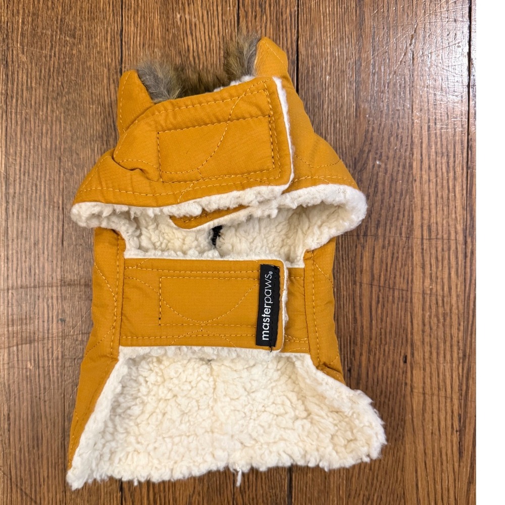Masterpaws Yellow Quilted Dog Parka Sherpa Lined Faux Fur Trim Vest Small